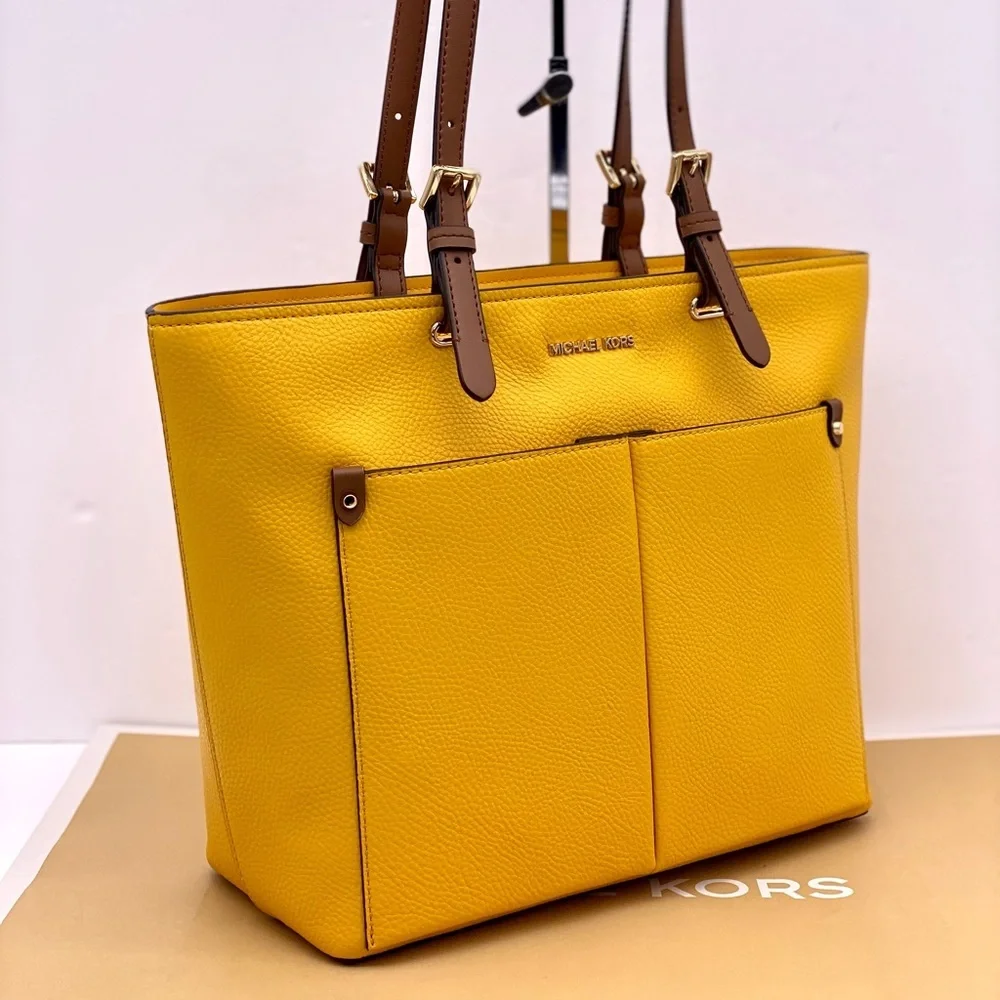 Michael Kors Jet Set Travel Front Double Pocket Shoulder Tote Bag Yellow/Brown